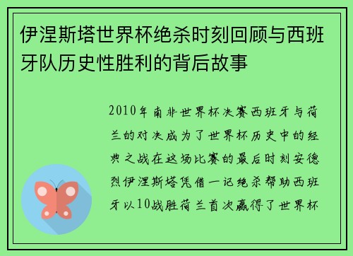 伊涅斯塔世界杯绝杀时刻回顾与西班牙队历史性胜利的背后故事